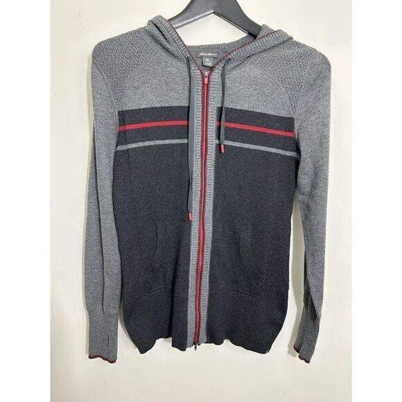 Eddie Bauer Two-Tone Zip-Up Hoodie with Red Stripe Detail Grey & Black Knit M - Picture 1 of 10